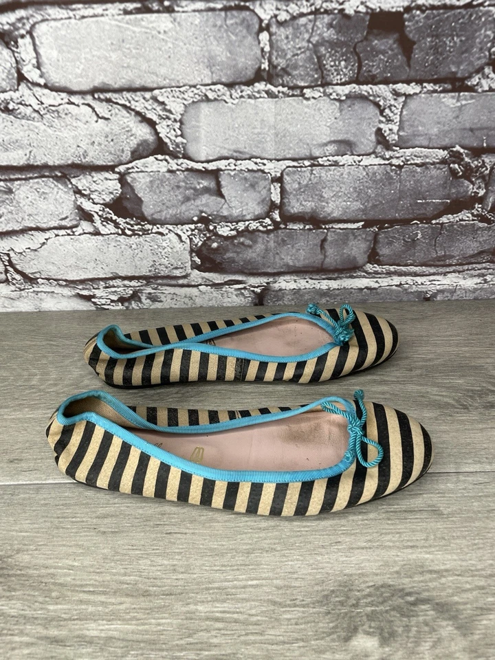 Pretty Ballerinas Fabric Black Stripe Blue Bow Ballet Flats Women’s 37.5EU/7M US - Image 1 of 4