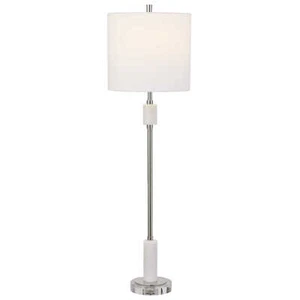 Tall Slim Polished Nickel White Marble Buffet Table Lamp Round Sleek Elegant - Picture 1 of 8