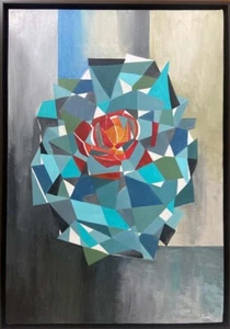 Large Abstract Flower Cubism Painting, Hand-painted Canvas, Acrylic Art, 24"x36" - Picture 1 of 17