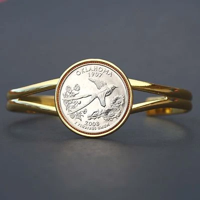 US 2008 Oklahoma State Quarter Coin Gold Plated Cuff Bracelet - Beautiful - Image 1 of 4