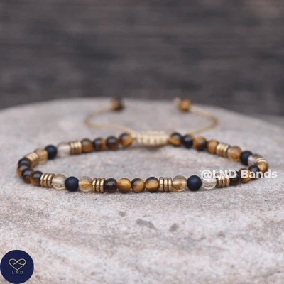 Pulsera ajustable hecha a mano con cuentas redondas ojo de tigre de ónix citrino 4 mm Foto 1 de 3