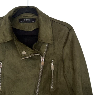 Zara Olive Green Faux Suede Moto Jacket - Size M - Image 1 of 4