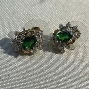 Gold Tone Green Crystal Stud Earrings w/ Clear Rhinestones Floral Design - Picture 1 of 2