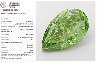 5.04 Pear Lab Grown Diamond For Engagement Ring IGI Fancy Vivid Green VS1 - Image 1 of 4