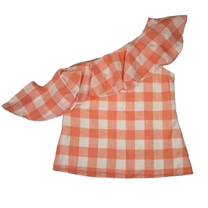 L'Academie  REVOLVE Asymmetric One Shoulder Ruffle Orange Plaid Top Size SMALL - Picture 1 of 8