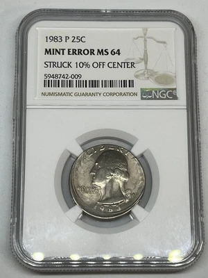 1983 P Washington Quarter - Mint Error Struck 10% Off Center - Graded NGC MS64 - Image 1 of 4