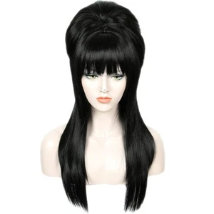 Linfairy Long Straight Black Wig Big Bouffant Beehive Wigs for - Picture 1 of 5