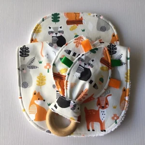 Handmade Baby Burp Cloth, Bib & Crinkle Teething Ring Set~Woodland Animals Print - Picture 1 of 7