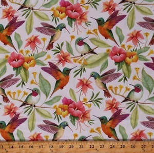 Cotton Hummingbirds Animals Flowers Plants Cream Fabric Print by Yard D582.81 - Picture 1 of 1