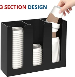 Acrylic Cup and Lid Holder, 3 Compartments, Disposable Coffee Cup Dispenser - Picture 1 of 7
