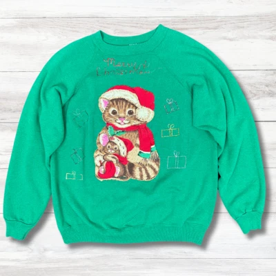 Sudadera De Colección Años 80 Navidad Cuello Redondo XL Verde Gato Brillo Puff Pintura Kidcore Foto 1 de 4