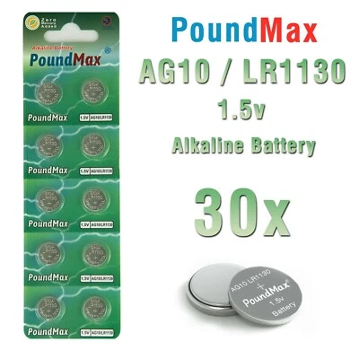 30 X Super AG10, LR1130 LR54 1,5 V PoundMax batteria alcalina a bottone