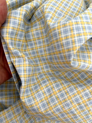 1 1/4Yd Vtg 44WX45L Baby Blue Yellow White Small PLAID Cotton QUILT FABRIC Check - Image 1 of 4