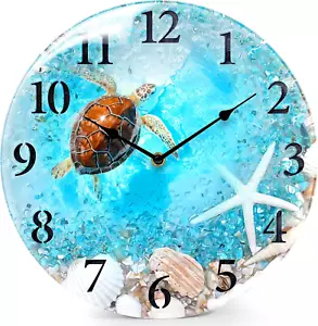 Coastal Nautical Glass Wall Clock with Seashell Design and Turtle Beach Theme - - Picture 1 of 6