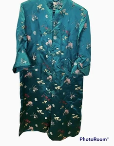 Peony Brand Asian Robe Womens 36 Green Satin Floral Damask Shanghai Coat Vintage - Picture 1 of 15