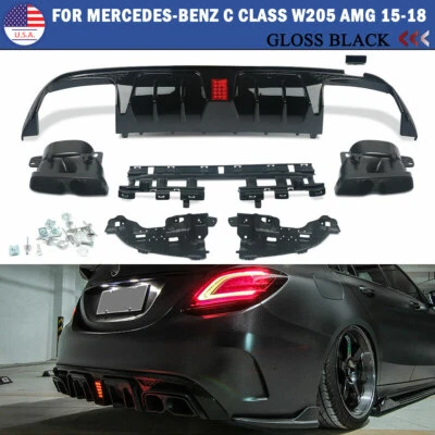 Rear Bumper Diffuser Lip + Exhaust Tips For 2015-2021 Benz W205 C200 C300 C250 - Изображение 1 из 4