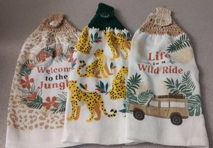 Set Of 3 crochet top Jungle Double hanging kitchen towels - Picture 1 of 10