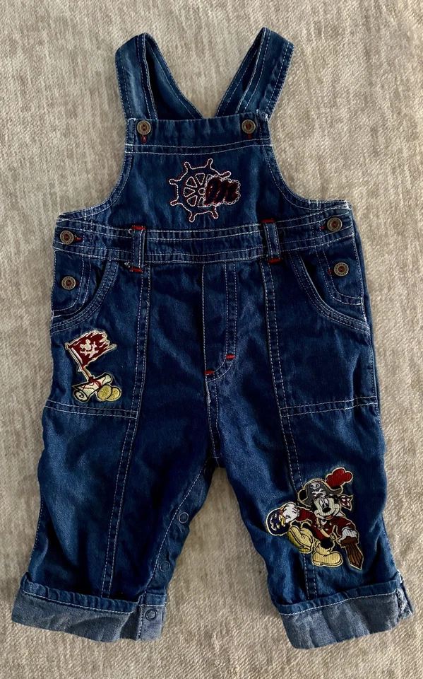 Vintage 90s Disney Mickey Mouse Pirate Sailor Denim Overalls Bib 3-6 Months - Image 1 of 4