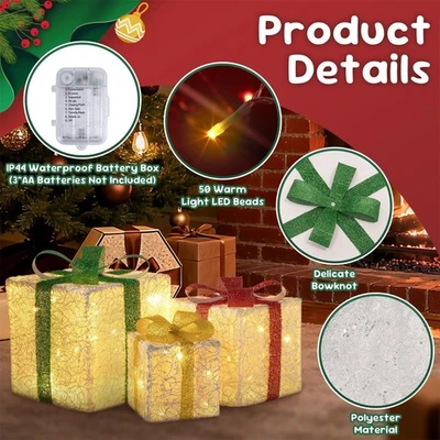 Juego de 3 Cajas de Regalo Iluminadas Decoraciones de Navidad con Luces LED Blancas Cálidas Foto 1 de 4
