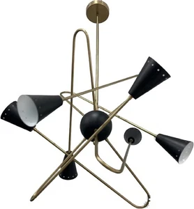 6 Arms Mid Century Chandeliers Lights Raw Brass and Matte Black Shade Sputnik - Picture 1 of 4