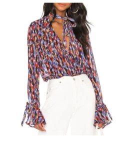 House of Harlow 1960 Joli Tie Cuff Blue-Multi Blouse Size Small womens - Picture 1 of 7
