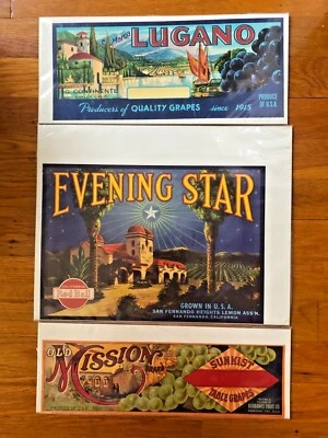 LOT 3 PRINTS FRUIT CRATE LABELS EVENING STAR LUGANO OLD MISSION CA - Image 1 of 4