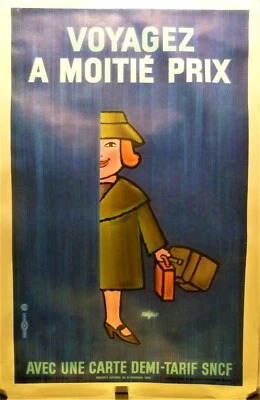 affiche ancienne originale Savignac SNCF voyagez 1968 entoilée - Photo 1/4