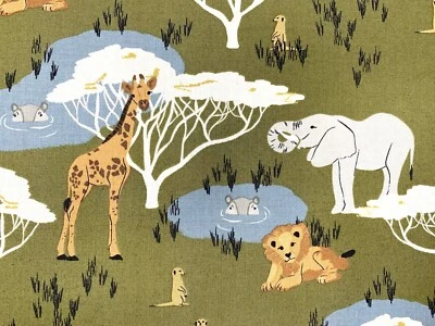 RILEY BLAKE Waterhole cotton fabric safari lion giraffe hippo elephant children African