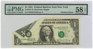 1981 $1 Federal Reserve Note New York Fr#1991-B PMG Ch AU 58 EPQ Foldover Error - Picture 1 of 3