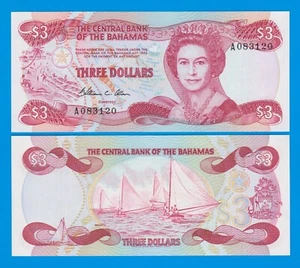 Bahamas 3 Dollars 1984 P 44 UNC Prefix "A" Queen Elizabeth II - Picture 1 of 1