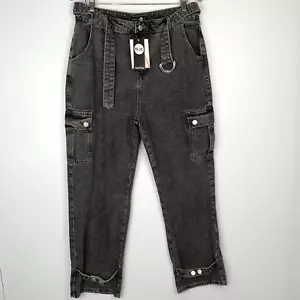 Boohoo Jeans Women 10 Cargo Wide Leg Mid Rise 32x28.5 Pocket Belted Denim Cruise - Picture 1 of 12
