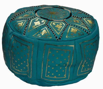 Pouf Moroccan Hassock Poof Handmade Leather Ottoman Footstool Medium Turquoise - Image 1 of 3
