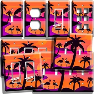 TROPICAL PALMS ROMANTIC SUNSET FLAMINGOS LIGHT SWITCH OUTLET WALL PLATE HD DECOR - Picture 1 of 34