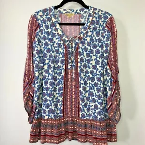 Democracy Womens Peasant Blouse Multicolor Floral Long Sleeve Tunic Lace Up M - Picture 1 of 12