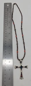 Old Pawn .925 Sterling Silver Coral Turquoise Cross Necklace Rare Vtg Native - Picture 1 of 5