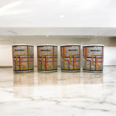 4 RARE BILL BLASS New York City Subway Manhattan Map Whiskey Bourbon Glasses  - Image 1 of 4