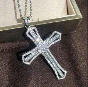 2Ct Round Cut Lab Created Diamond Men's Cross Pendant Charm 14kWhite Gold Plated - Picture 1 of 7