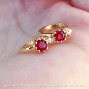 2Ct Round Cut Lab Created Pink Ruby Women's Hoop Earrings 14K Yellow Gold Plated - Picture 1 of 2