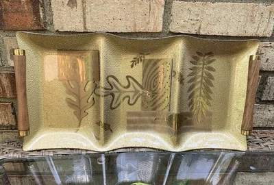 Vintage Colony Glass 22k Gold Embossed Divided Leaf Tray Mid-Century Wood Handle - Image 1 of 2