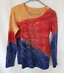 Top para mujer Reba M multicolor tie dye acanalado con cuentas delantero manga larga - Imagen 1 de 6
