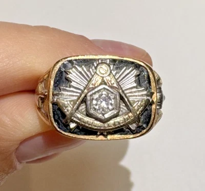 Anillo de oro blanco de 14k Y masónico masónico de diamantes de ónix negro con sello de 13,3 g para hombre talla 9,5 Foto 1 de 4