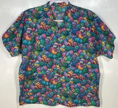 Easter Scrub Top womens size M Medium spring Beautiful Decorated Eggs blue pink - Image 1 of 3