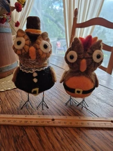 Thanksgiving Felt Owl Pilgrim and Owl Indian Free-Standing Wire Feet 7" EUC  - Picture 1 of 24