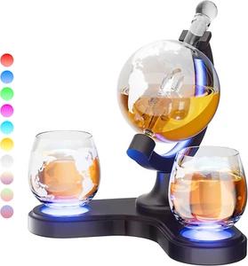 Cadeaux pour hommes papa, ensemble décanteur globe whisky 30,4 onces avec 7 couleurs lumière RVB, U - Photo 1/7