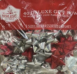 Holiday Time 40 Deluxe Assorted Gift Bows - 3 Sizes - White, Silver, Red 