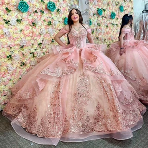 Glitter Pink Quinceanera Dresses Appliques Beaded Crystals Sweet 15 Ball Gowns - Picture 1 of 13