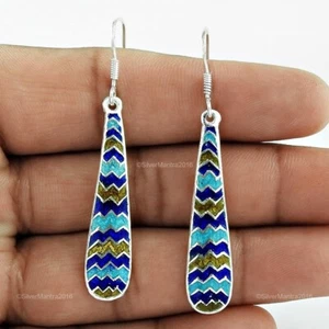 Indian Artisan Jewellery 925 Solid Sterling Silver Dangle Enamel Earrings X2 - Picture 1 of 4