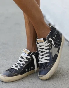 Golden Goose Mid Star Sneaker in Black Glitter/Dove Gray sz 42 New in Box - Picture 1 of 16