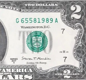 G 6558 1989 A : TRAILING YEAR 1989 $2 Two Dollar Bill Serial Number - Picture 1 of 3