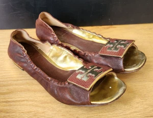 Vintage TORY BURCH Brown Leather Gold Accent Peep-toe Shoes Good Year Soles - Picture 1 of 5